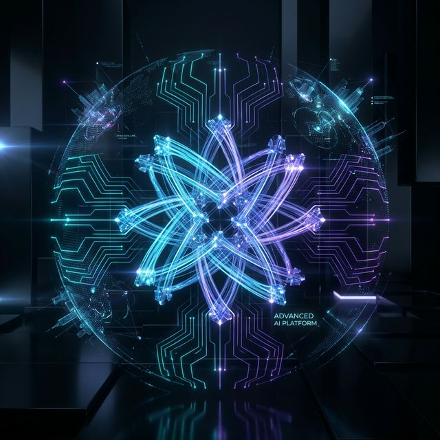 Vizualizace high-tech AI platformy s neuronovou sítí