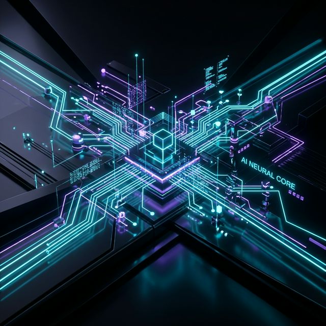 Futuristická vizualizace jádra umělé inteligence v neonových tónech